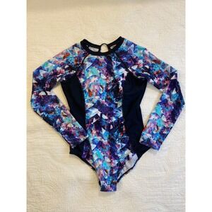 Laguna Long Sleeve One Piece Rash Guard Swimsuit Blue Purple Medium 8-10